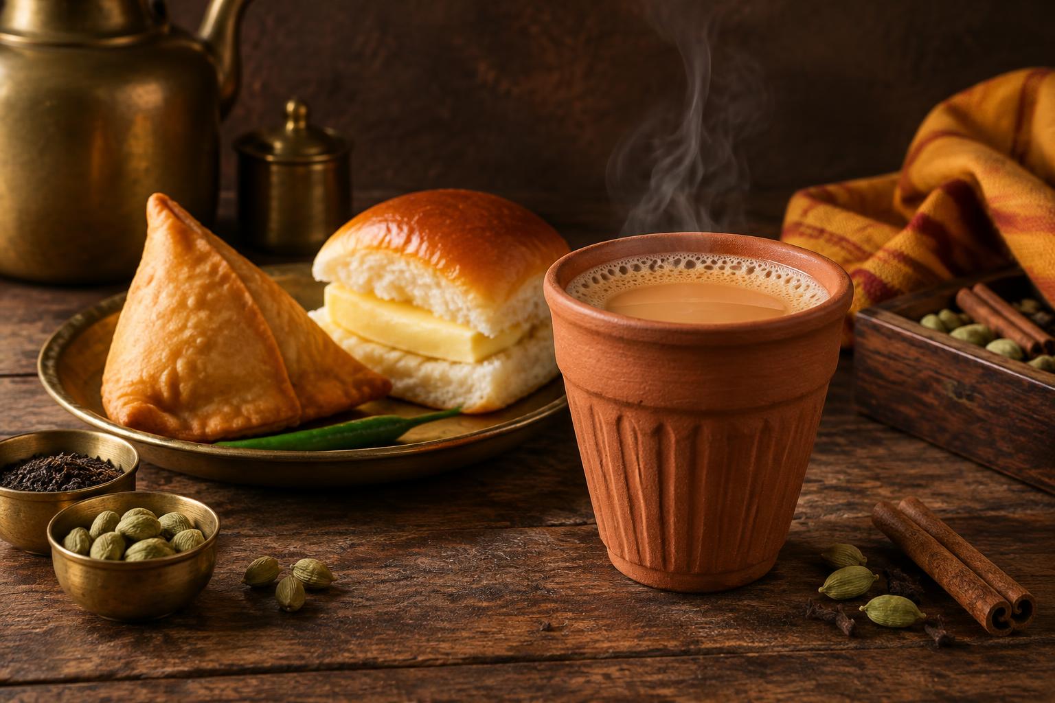 Kulhad chai with samosa and bun makkhan